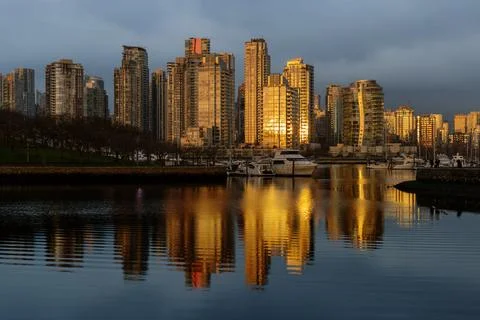 Sun Reflection False Creek Towers Vancouver Stock Photos