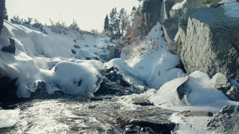 Sun reflection in flowing mountain river water at spring season. Sow melting. Stock Footage 275081536