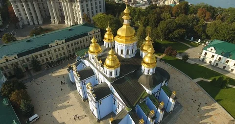 Sun Reflection On St. Michael's Golden-Domed Monastery. Aerial Footage Stock Footage 95334038