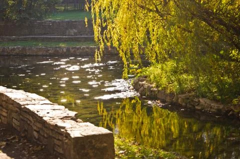 Sun reflections on a small lake surface in Topcider park, Belgrade Stock Photos