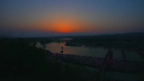 Sun rise point haridwar decorated with lights during kumbh mela Stock Footage 214327718