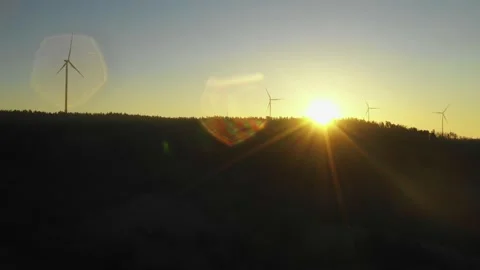 Sun rise at a wind farm in the forest Stock Footage 146033343