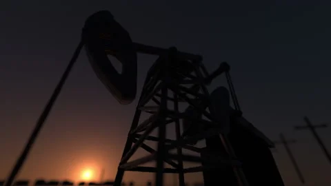 The sun rises behind a large oil field. Infinity loop. 3d rendering Stock Footage 132086717