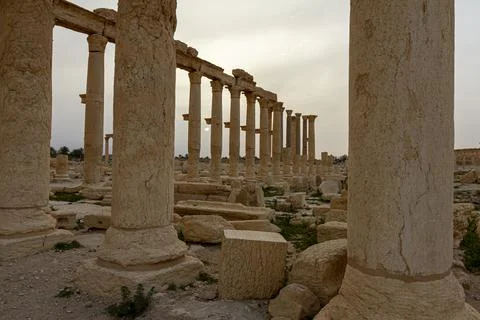 Sun rises between the stone pillars of the ancient ruins in Palmyra, Syria. I Stock-Fotos
