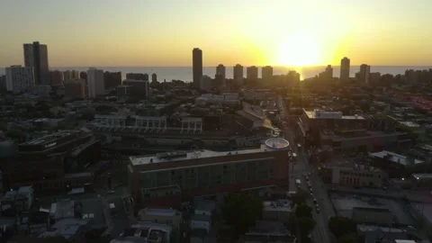 Sun Rises on Opening Day as Drone Flies towards Wrigley Field Stock Footage 132738992