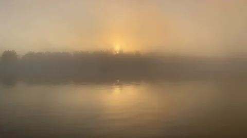 Sun rising above tree silhouette on pond with misty fog. Czech time lapse l.. Stock Footage 250178393