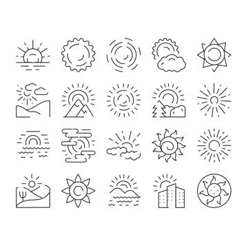 Sun rising and setting line icons vector collection Ilustración de archivo