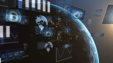 Sun rising, camera orbiting Earth while HUD panels sliding and forming dashboard Stock Footage 328685444