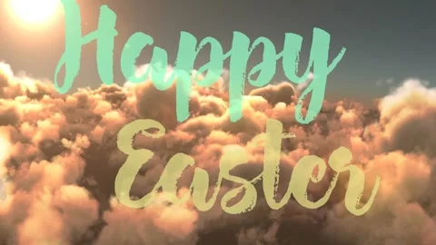 Sun rising causing clouds drifting flare sliding over Happy Easter text staying Stock Footage 329703145