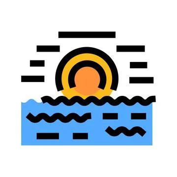 Sun rising or setting over ocean waves icon Stock Illustration