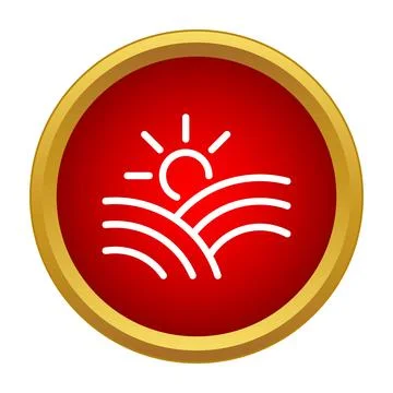 Sun rising over fields outline in red button Stock Illustration
