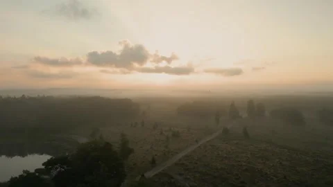 Sun rising over forest and countryside with fog Stock Footage 293158657