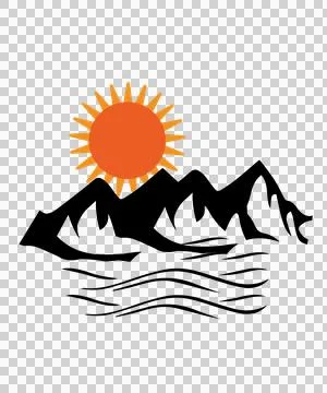 Sun Rising Over Jagged Mountains landscape water black white 스톡 일러스트