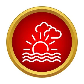 Sun rising over ocean waves with clouds icon Stock Illustration