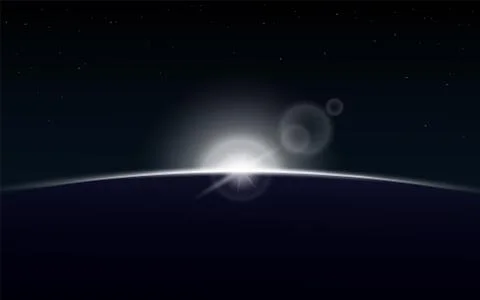 Sun rising over planet on outer space - sunrise on dark galaxy background Illustrazione stock