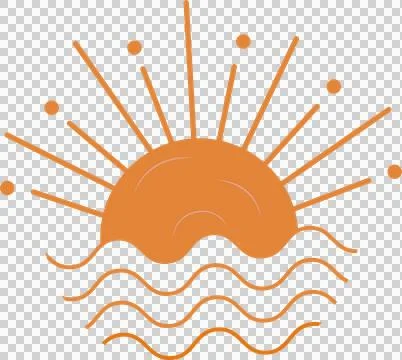 Sun is rising over waves in flat design with radial rays ending in circles, Illustrazione stock
