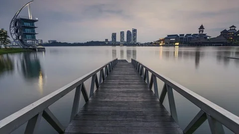 Sun rising at Pullman jetty, Putrajaya. Zoom In Timelapse Motion Stock Footage 83016776