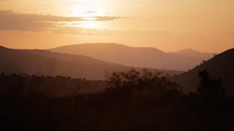 Sun rising in rolling hills in savannah with few clouds Stock Footage 310978904