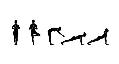 Sun Salutation Yoga Sequence Silhouette Collection Stock Illustration