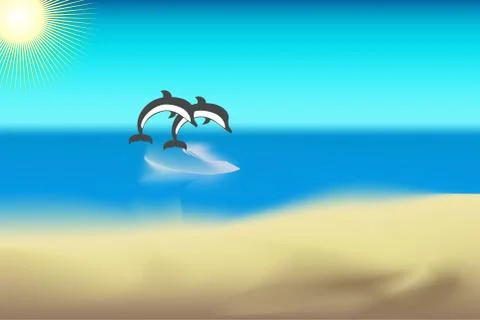 Sun, sandy beach, two dolphins floating above the water. Stock Illustration