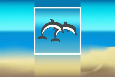 Sun, sandy beach, two dolphins floating above the water. Stock Illustration