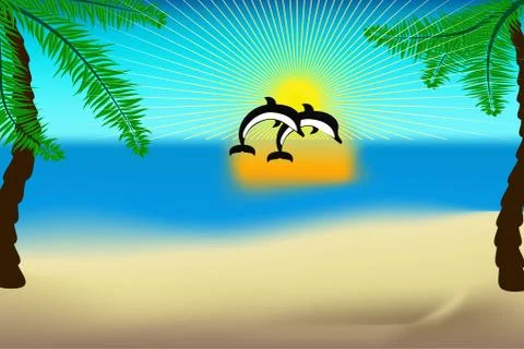 Sun, sandy beach, two dolphins floating above the water. Illustrazione stock