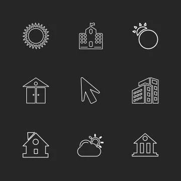 Sun , school , buildings, pointer , arrow , ecology , sun , cloud , rain , we Illustrazione stock