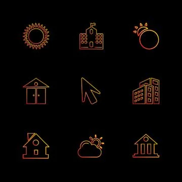 Sun , school , buildings, pointer , arrow , ecology , sun , cloud , rain , we Illustrazione stock