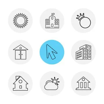 Sun , school , buildings, pointer , arrow , ecology , sun , cloud , rain , we Illustrazione stock