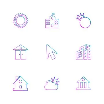 Sun , school , buildings, pointer , arrow , ecology , sun , cloud , rain , we Illustrazione stock