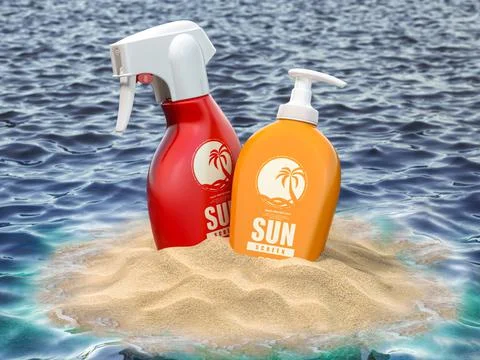 Sun screen lotion bottles in a sand of island and sea. 스톡 일러스트