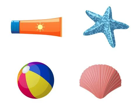 Sun Screen, Starfish, Beach Ball and Sea shell Isolated Illustrations Set Stock Illustration