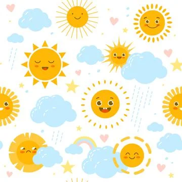 Sun seamless pattern. Baby print with weathers happy or sad smiles. Rainbow and Stock Illustration