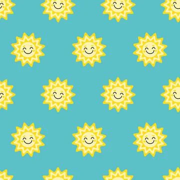 Sun. Seamless pattern with smiling sun on blue background. Flat, cartoon, vector Illustrazione stock