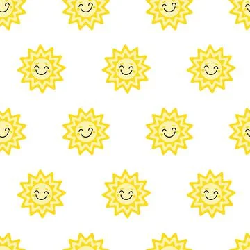 Sun. Seamless pattern with smiling sun. Flat, cartoon, vector Stock Illustration