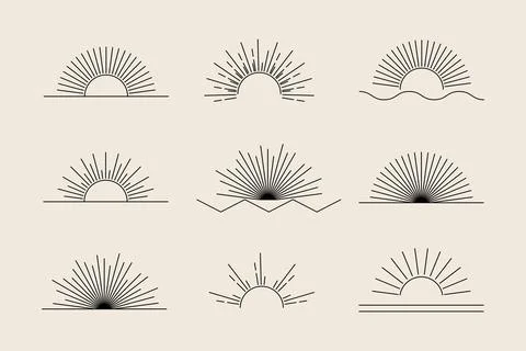 Sun set of black linear boho icons and symbols, sun logo design templates, Illustrazione stock