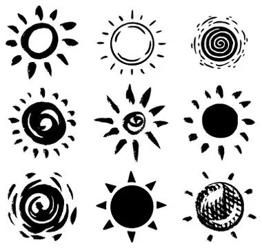 Sun set. Brush strokes. Rays collection on white background. Hand drawn black Stock Illustration