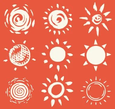 Sun set. Brush strokes. Rays collection on red background. Hand drawn black Stockillustratie