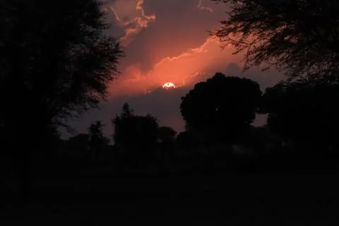 Sun set in clouds on evening with silhouette of sun , tree and clouds Stock Photos