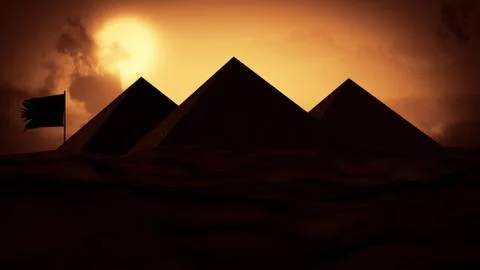 Sun set in the desert, Big sun and some clouds with behind The Pyramids of Giza Stock Illustration