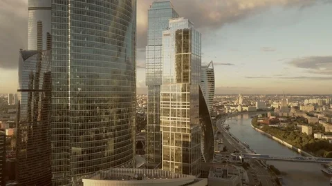 A sun set drone Aerial shot of skyscrapers of  business centre Moscow-city Stock Footage 83493066