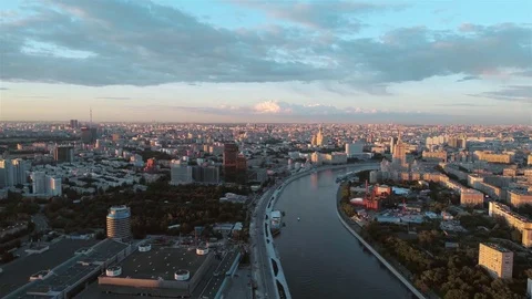 A sun set drone Aerial shot of skyscrapers of business centre Moscow-city Stock Footage 84065941