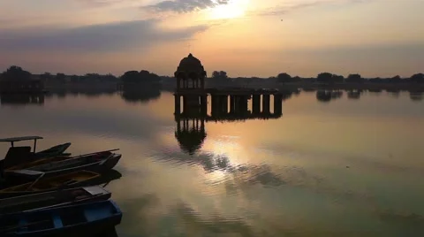 Sun set lake Beauty of Rajasthan - Gadsisar Lake,  Jaisalmer Stock Footage 45171153