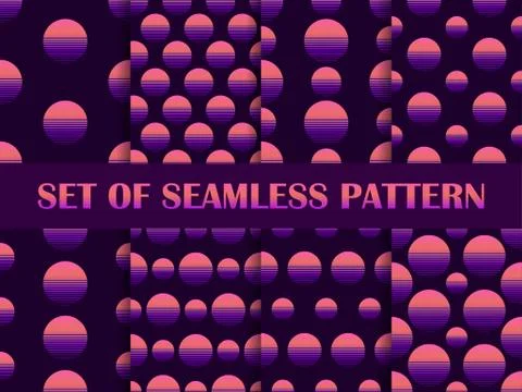 Sun set of seamless patterns in the style of the 80s. The virtual reality. Sy Stock Illustration