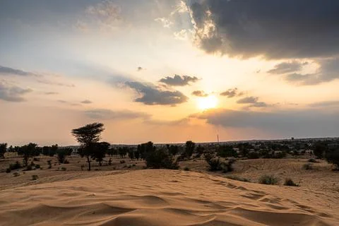 Sun set view of thar desert during golden hour. Stock Photos