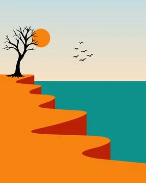 Sun sets behind bare tree on curved orange cliffs Stock Illustration