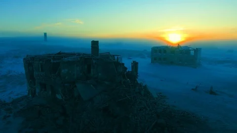 The sun sets behind the ruins Stock Footage 126773346