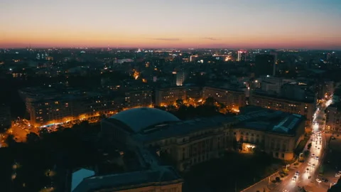 The sun sets over autumn bucharest. evening in a European city - drone view Stock Footage 169719604