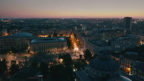 The sun sets over autumn bucharest. evening in a European city - drone view Stock Footage 169719873