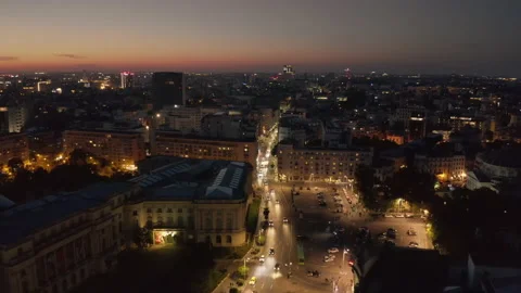 The sun sets over autumn bucharest. evening in a European city - drone view Stock Footage 169863991